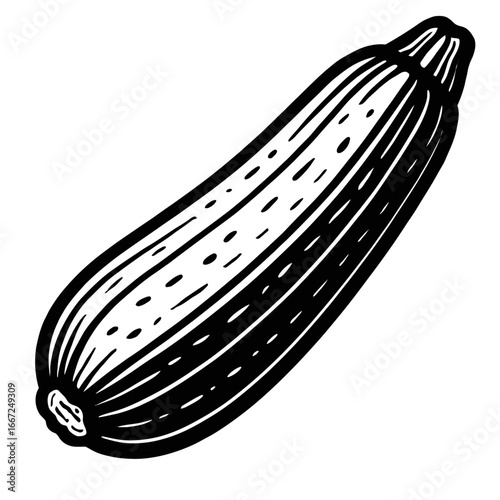 A detailed black and white illustration of a fresh zucchini vegetable, hand-drawn with a focus on its natural texture and form.