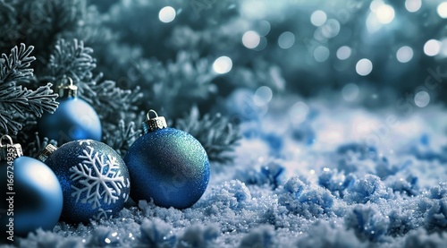 Festive Blue Ornaments and Sparkling Snow Create a Winter Wonderland Scene fo...