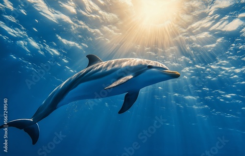 Dolphin Swimming Gracefully Through Clear Ocean Water Under Bright Sun Rays