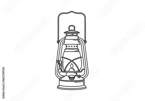 A vintage kerosene lamp, outlined in clean black lines, displays a classic design.