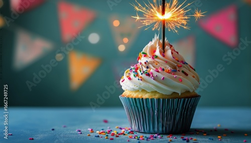 Festive Cupcake With Sparkler and Colorful Decorations for Celebration Events