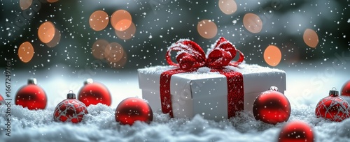 Festive Gift Wrapped With Red Ribbon Amidst Snow and Ornaments During a Winte...