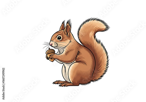 A charming illustration of a squirrel holding an acorn, rendered in warm brown tones against a striking black backdrop.