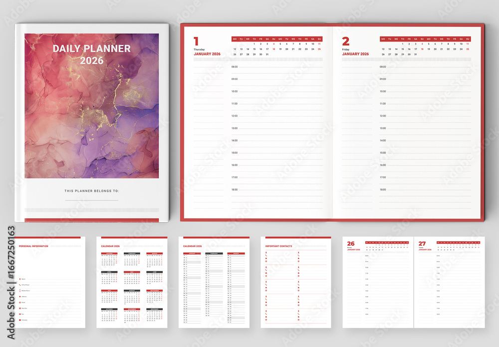 Daily Planner 2026 Layout with Red Accents Stock Template | Adobe Stock