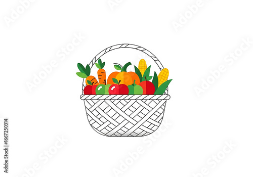 A white wicker basket filled with colorful fruits and vegetables, including apples, carrots, corn, and a pumpkin.