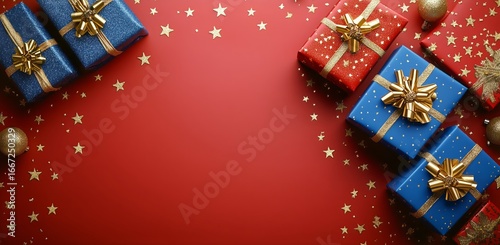 Colorful Wrapped Gifts and Gold Stars on a Red Background for Festive Celebra...