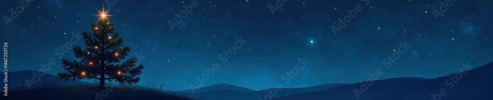 Naklejka premium Stylized pine, small shooting star, dark blue background, modern, holiday, illustration