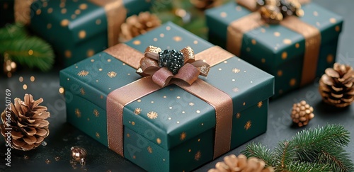 Gifts Wrapped in Teal With Gold Accents Arranged on a Festive Table During th...