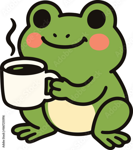 Cute green frog with rosy cheeks holding a steaming white coffee mug cartoon animal