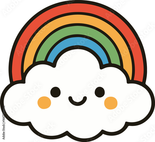 Kawaii cartoon rainbow with smiling cloud and rosy cheeks vector