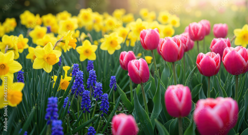 Obraz premium Vibrant spring garden display of pink tulips yellow daffodils and blue hyacinths in bloom