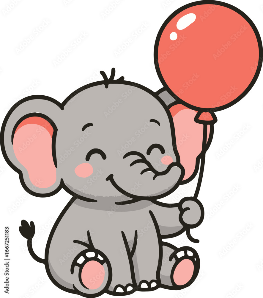 Naklejka premium Cute cartoon baby elephant holding a red balloon with a happy expression animal