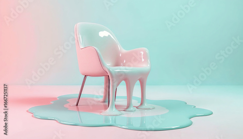 surreal melting chair with dripping wax legs on pastel background