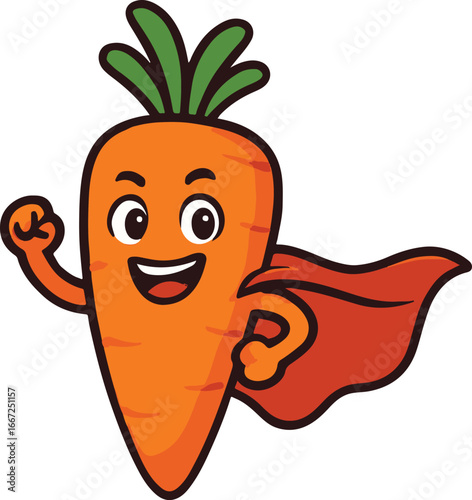 Cheerful cartoon carrot character wearing a red cape and giving a thumbs up superhero vegetable