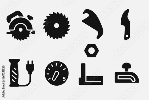 Tools and equipment solid icon set. construction, workshop essentials