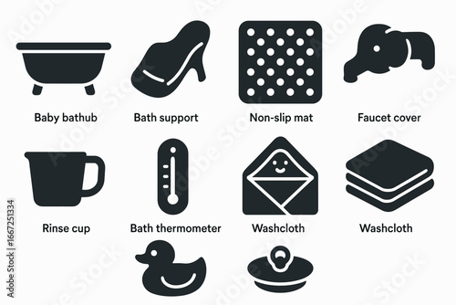 Baby bathing solid icon set. bathtub, thermometer, duck, washcloth icons collection