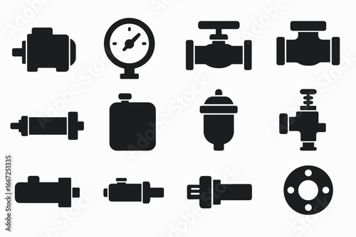 Industrial tools solid icon set featuring valves and pressure gauges for engineering