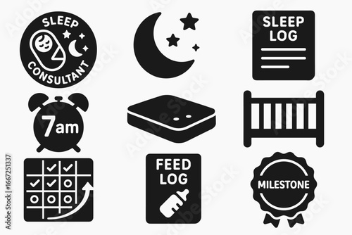 Sleep tracking icon set. silhouette icons for baby monitoring, bedtime routine