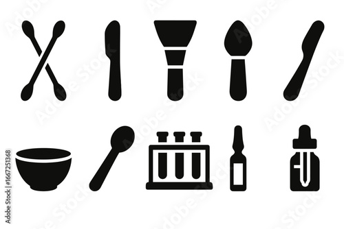 Beauty and healthcare solid icon set. essential tools, products for daily routine