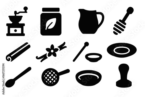 Coffee and tea filled icon set. brew, beverage utensils collection for cafes
