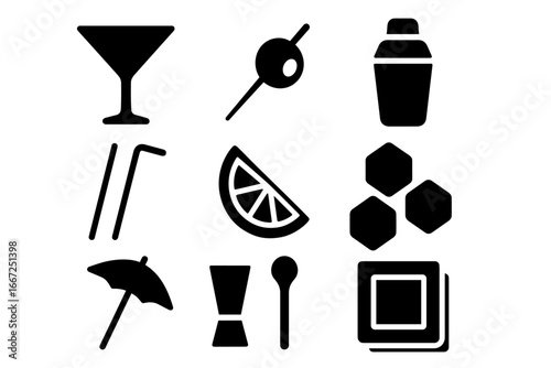 Beverage, cocktail silhouette icon set. drink accessories and mixology essentials