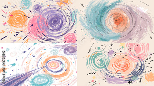 Abstract pastel swirl artwork with dynamic brush strokes in purple, teal, and coral tones. Modern artistic painting perfect for creative backgrounds and designs.