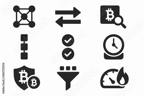 Cryptocurrency, blockchain solid icon set. finance, digital currency icons collection