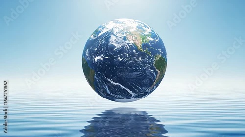 A serene, digitally rendered image of planet Earth, delicately positioned above tranquil water.