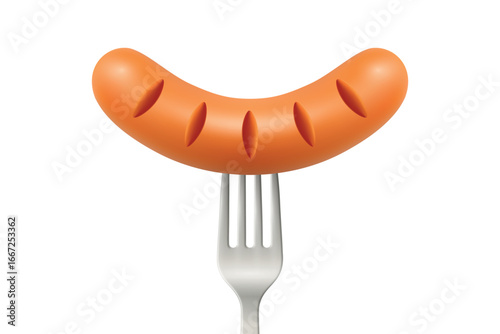 Vector 3d Realistic Grilled Sausage on Fork, Isolated. Cooked Sausage with Grill Cuts for BBQ Menu, Picnic Food, Meat Product Design, Restaurant Icon, Butcher Branding, Culinary Concept, Packaging