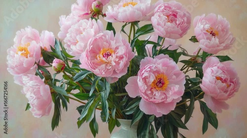 Vibrant pink peonies in a glass vase, arranged artistically for a floral still life.