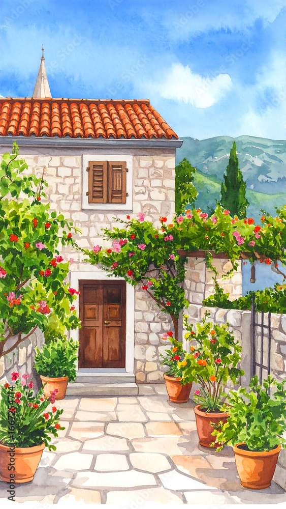 Naklejka premium Mediterranean stone house with vibrant flowers