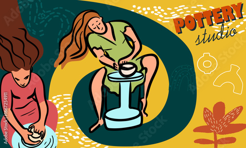 Pottery, workshop, ceramics, studio, collage. Hand drawn line vector illustration.