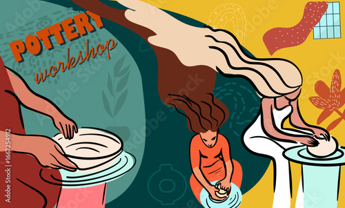 Pottery, workshop, ceramics, studio, collage. Hand drawn line vector illustration.