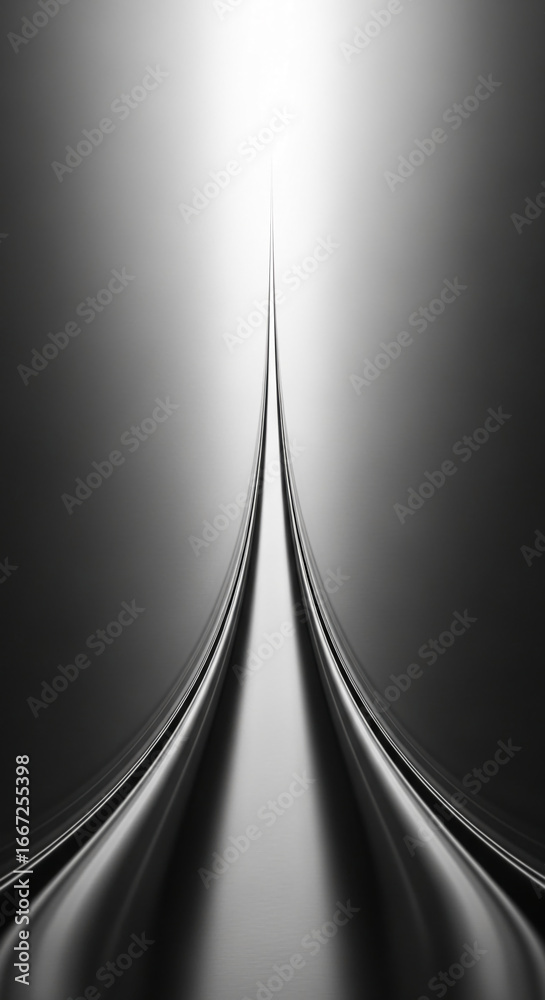 Fototapeta premium Abstract grayscale image of two converging metallic lines creating a pathway towards a bright light, symbolizing progress, future, and aspiration