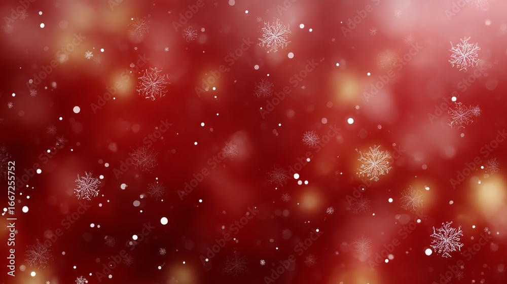 Obraz premium Falling glitter and snowflakes on red background. Festive winter abstract design for greeting card or banner. Christmas holiday season.