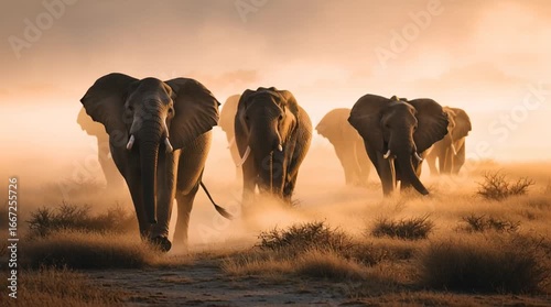 A herd of elephants walking across the Savannah generative ai