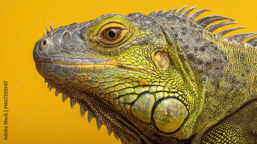 Fototapeta premium A striking green iguana is positioned against a vivid yellow backdrop. The focus on its intricate scales and piercing eyes reveals its unique textures and characteristics