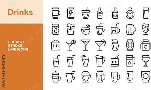 Drinks icons set vector illustration line style juice cocktail beer soda water coffee tea beverage alcohol silhouette