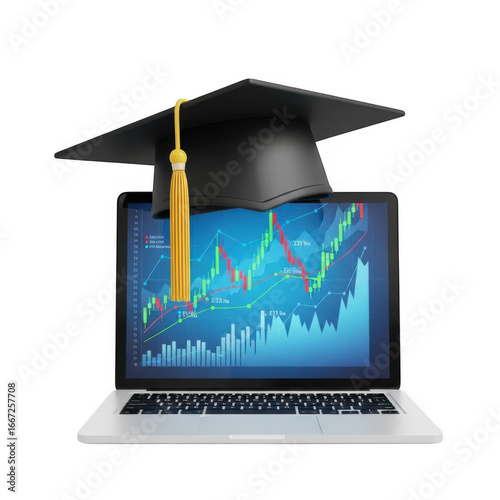 Online education graduation cap on laptop displaying financial stock market data chart transparent background