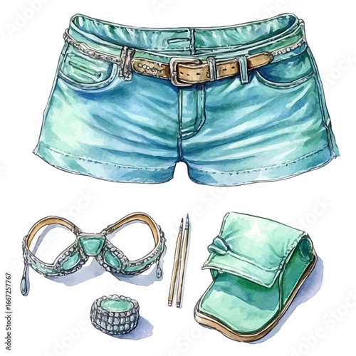 Spring Fashion Pastel Outfit, watercolor vector, isolated on a white background.