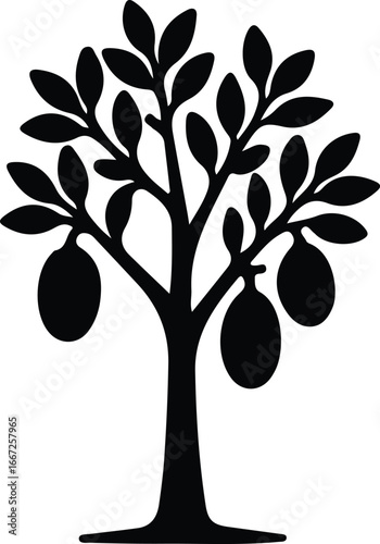 Illustrator Vector Plum tree with ripe fruit and leaves silhouette