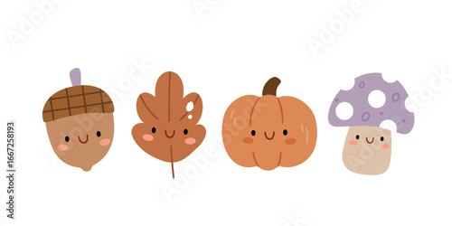 Adorable autumn vector set featuring smiling acorn, leaf, pumpkin, and mushroom. Perfect for seasonal stickers, kids’ prints, greeting cards, and fall decorations.