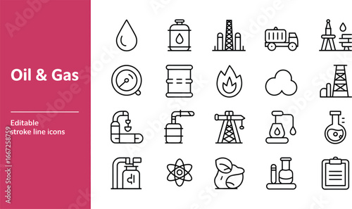 Oil gas petroleum energy industry fuel barrel rig refinery power plant transportation chemical science icons silhouette