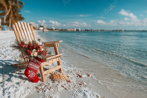 Red Christmas stocking on the beach