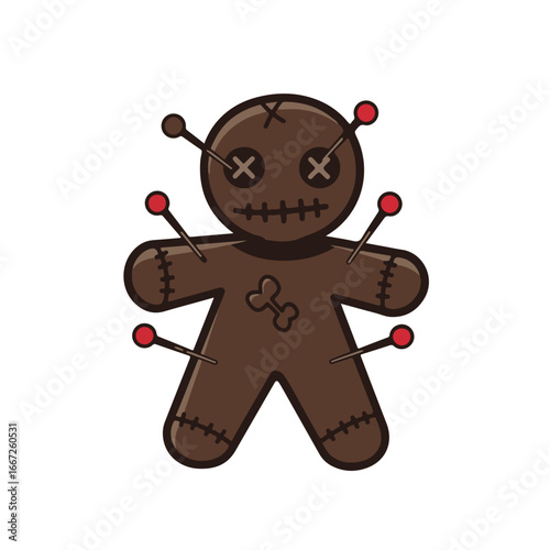 Whimsical Voodoo Doll Character with Pins and Stitches for Playful Halloween Decor or Spooky Designs, Isolated on Transparent Background, Vector Origin