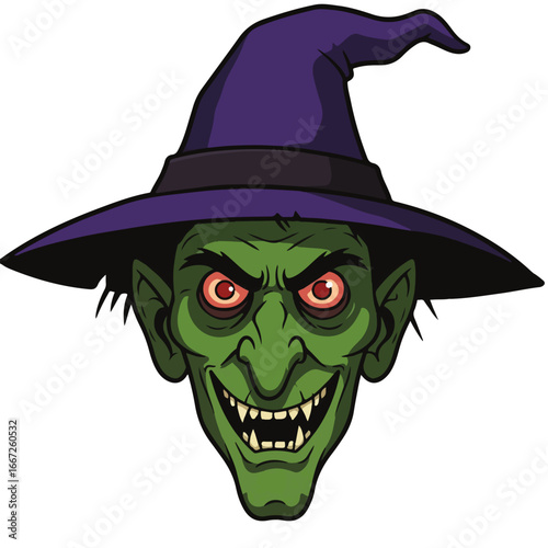 Spooky witch face with purple hat for Halloween designs, eerie green skin, glowing eyes, and a wicked grin for creative projects