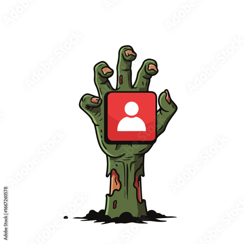 Zombie hand reaching for social media profile icon, a spooky symbol for digital addiction and the undead online, perfect for Halloween campaigns