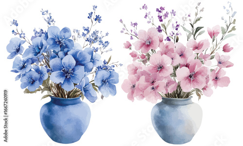 Watercolor pink and blue flower bouquets in vases for elegant decor