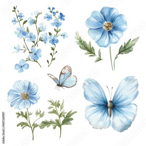 Blue flowers and butterflies watercolor illustration