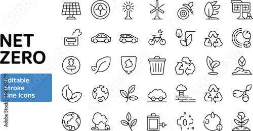Net zero icons sustainable energy renewable resources environment ecology climate change recycle reduce reuse green silhouette